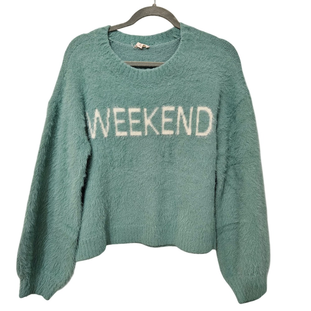Hem & Thread Weekend Fuzzy Eyelash Knit Sweater Sage Green M Soft Girl